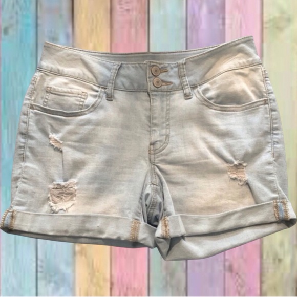 So Light Wash Blue Distressed Cuffed Midi Jean Shorts - Picture 1 of 10